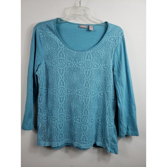 Chicos Blue 3/4 Sleeves Top Lace Overlay Size 1 med - Picture 1 of 8